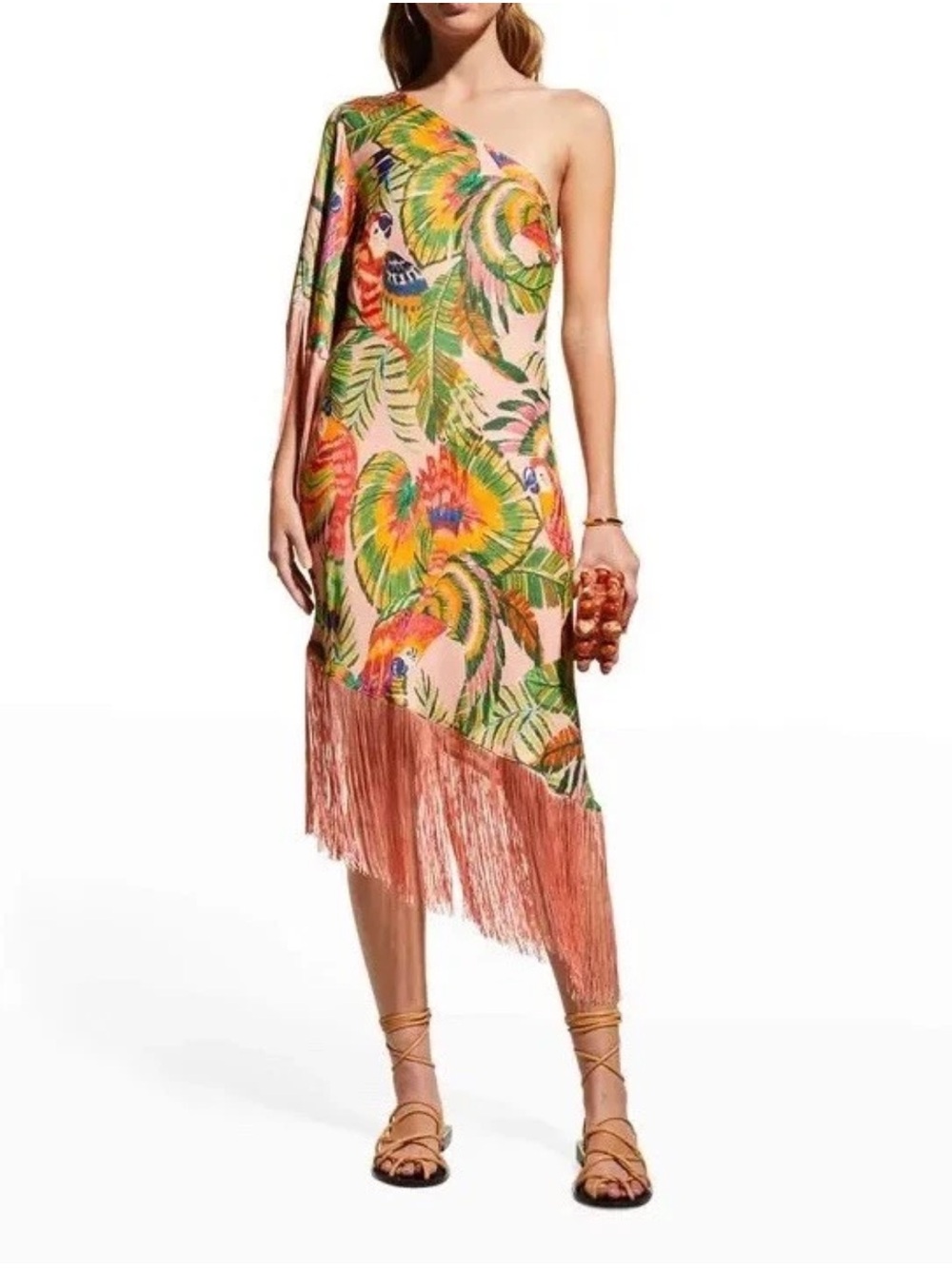 FARM Rio Macaw Leaves One Shoulder Fringe Midi Dress XL Parrot Tropical Rare - Picture 5 of 15